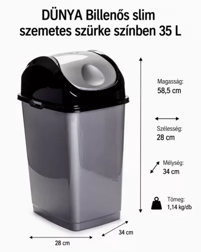Billenős slim szemetes szürke színben 35 L 58,5x28x34 cm