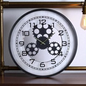   Fogaskerekes falióra 48 cm – steampunk clockwork stílus, fekete fém és fa dizájnnal