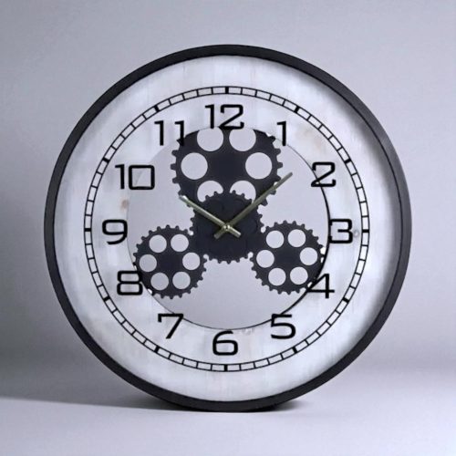 Fogaskerekes falióra 48 cm – steampunk clockwork stílus, fekete fém és fa dizájnnal