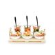 * Előétel kínáló 28x15x2cm 3 üveg tálka+3 porcelán tálka+3 kanál fa tálcán ALPINA