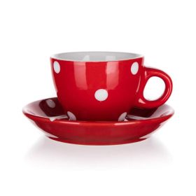 Kerámia csésze alátéttel DOTS 100 ml, piros, pöttyös
