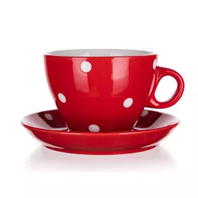 Kerámia csésze alátéttel DOTS 290 ml, piros, pöttyös