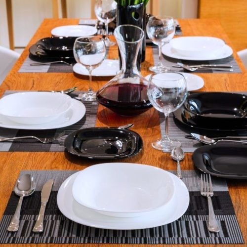 19 részes szögletes opál étkészlet (fekete-fehér színben) 