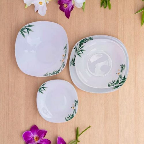 19 részes szögletes opál étkészlet (fehér orchidea mintával)