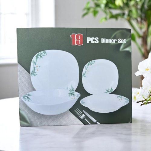 19 részes szögletes opál étkészlet (fehér orchidea mintával)