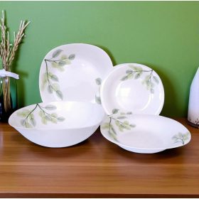   19 részes szögletes opál étkészlet (zöld leveles mintával)