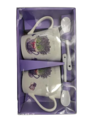 porcelán csésze páros, kanállal levendula mintával (320 ml-es)