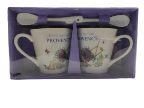 porcelán csésze páros, kanállal levendula mintával (320 ml-es)