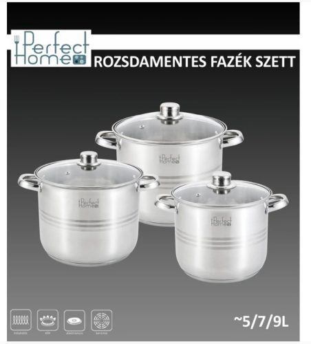 Indukciós, rozsdamentes fazék szett üvegfedővel 