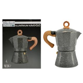   3 személyes Alumínium kávéfőző fa hatású nyéllel, szürke színben