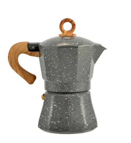 3 személyes Alumínium kávéfőző fa hatású nyéllel, szürke színben