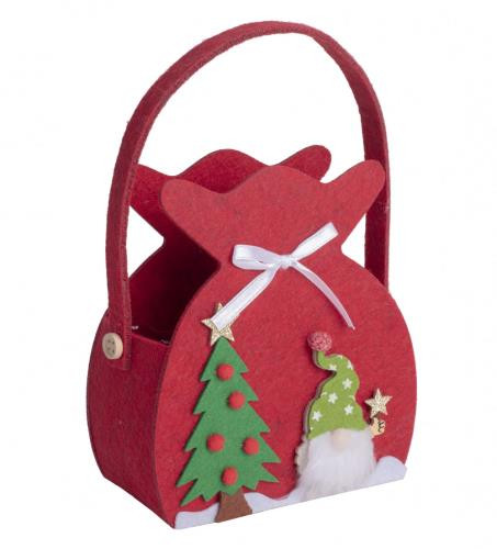 Piros filc szütyő fenyőfa és manó mintával