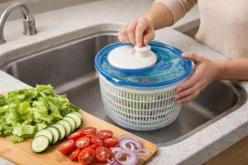 Salátacentrifuga műanyag 4,5 L 26x17,5 cm fehér kék tetővel