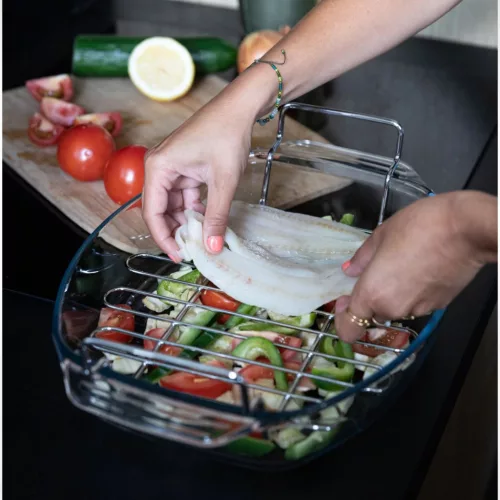 PYREX IRRESISTIBLE ovál sütőtál fém grillráccsal 38x27cm, 4l