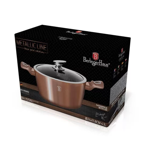 Berlinger Haus ROSE GOLD bevonatos LÁBOS üveg fedővel  24cm 4,1l / BH-1515N / 