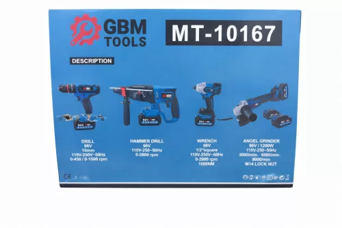 GBM TOOLS MT-10167 Akkumulátoros 4 db-os szerszámkészlet 96 V fúró ütvefúró ütvecsavarozó sarokcsiszoló