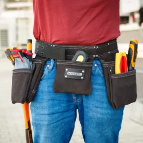   Professzionális bőr szerszámtartó öv - 7 zseb, 1 kalapácstartó, 4 ceruzatartó