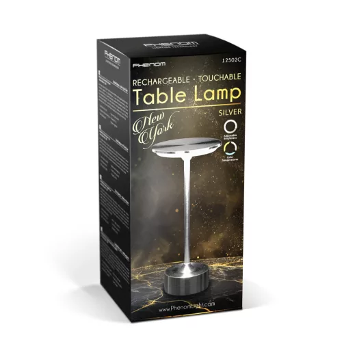 Asztali lámpa - ezüst színű fém - állítható színhőm, fényerő - akkumulátoros - USB