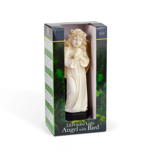 Szolár angyalka - madárral - 1 melegfehér LED - műgyanta - 48 x 11 x 6,5 cm