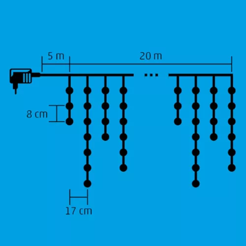 Home KKF 608/WH LED-es fényfüggöny, 20 m / 600 db hidegfehér LED, 8 fényprogram, fehér vezeték, hálózati adapter, kül- és beltéri kivite