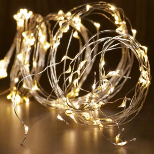 Home ML 200/WW micro LED-es fényfüzérköteg, 200 db melegfehér micro LED, 10 ágú, vékony, ezüstszínű vezeték, hálózati adapter, kül- és b