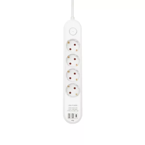 HOME NV4KUSBC hálózati elosztó, 1,5 m, H05VV-F 3G1,5 mm2 kábel, 4 védőérintkezős aljzat, USB töltőaljzat, max. 3680W, kétpólusú kapcsoló