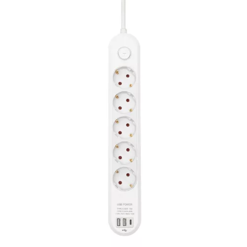 HOME NV5K3USBC hálózati elosztó, 3 m, H05VV-F 3G1,5 mm2 kábel, 5 védőérintkezős aljzat, USB töltőaljzat, max. 3680W, kétpólusú kapcsoló,