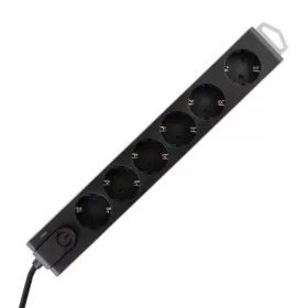   Home NVT 6K-3/BK túlfeszültségvédett hálózati elosztó, 3 m, H05VV-F 3G1,5 mm2 kábel, 6 aljzat gyermekvédelemmel, kapcsoló, felakasztható