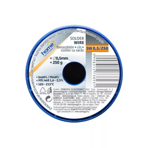 Home SW 0,5/250 forrasztóón, 0,5mm, 250g, európai gyártótól származó kiváló minőségű forrasztóón, összetétel: SN/PB: 60/40%, gyanta: 2,0